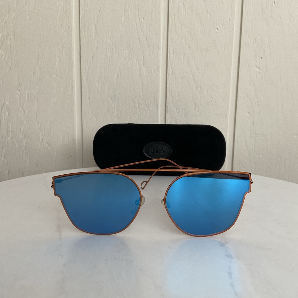 SEE Eyewear Slim Modern Metal Crossbar Mirror Flat Lens Sunglasses